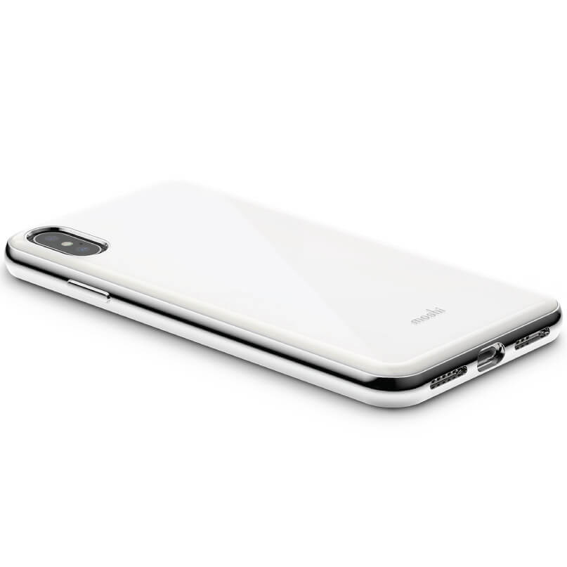 Moshi Iglaze For Iphone Xs Max White apple iphone with vertical dual-camera system, silver metal frame, and glossy back.