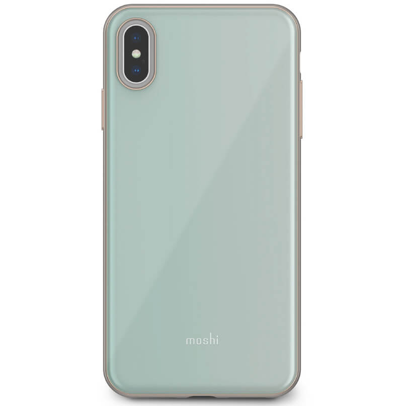 Moshi Iglaze For Iphone Xs Max Moshi mint-green iphone case with gold trim, featuring a vertical dual-camera opening.