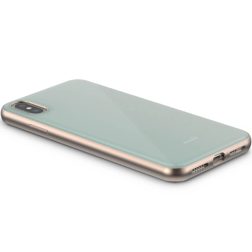 Moshi Iglaze For Iphone Xs Max Mint green smartphone with rose-gold frame and dual rear cameras.