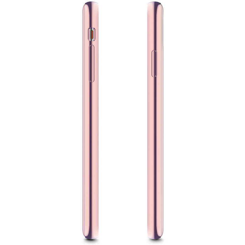 Moshi Iglaze For Iphone Xs Max Slim pink smartphone shown in two side views with metallic rose gold finish and visible side buttons