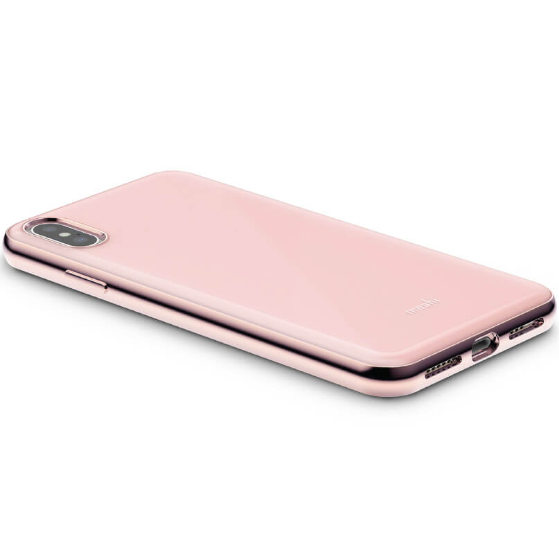 Moshi Iglaze For Iphone Xs Max Pink apple iphone in a matching pink protective case, featuring dual rear cameras and bottom charging port.