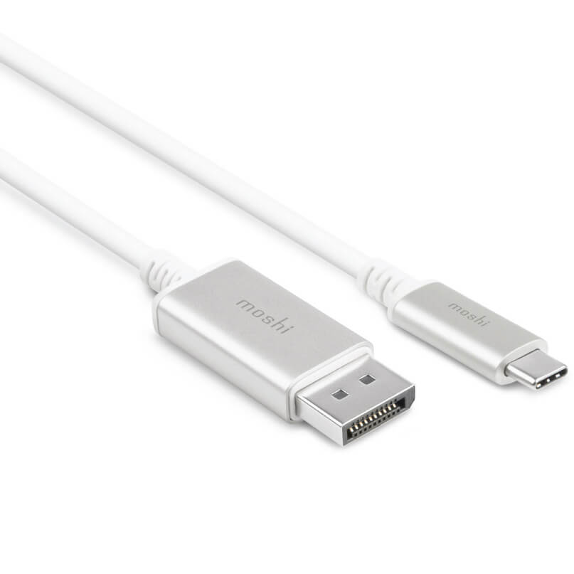 Moshi Usb-C To Displayport 5K Cable Moshi usb-c to displayport cable, white aluminum housing, logo visible on connector.