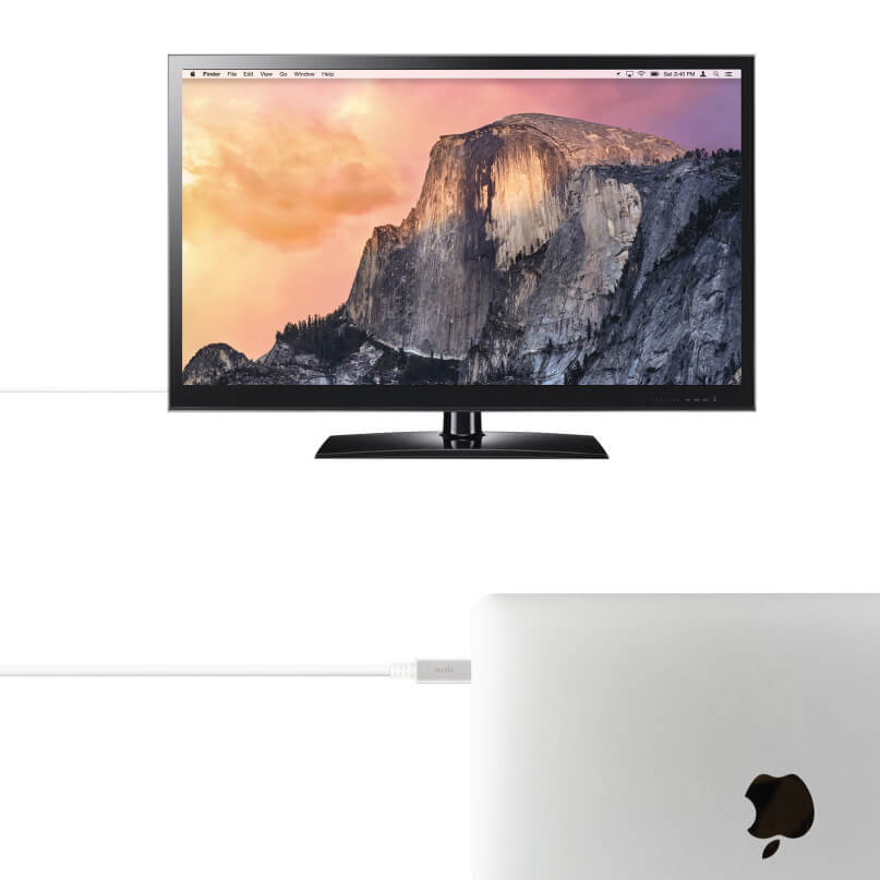 Moshi Usb-C To Displayport 5K Cable Apple macbook pro next to a black-framed desktop monitor with a slim pedestal stand.