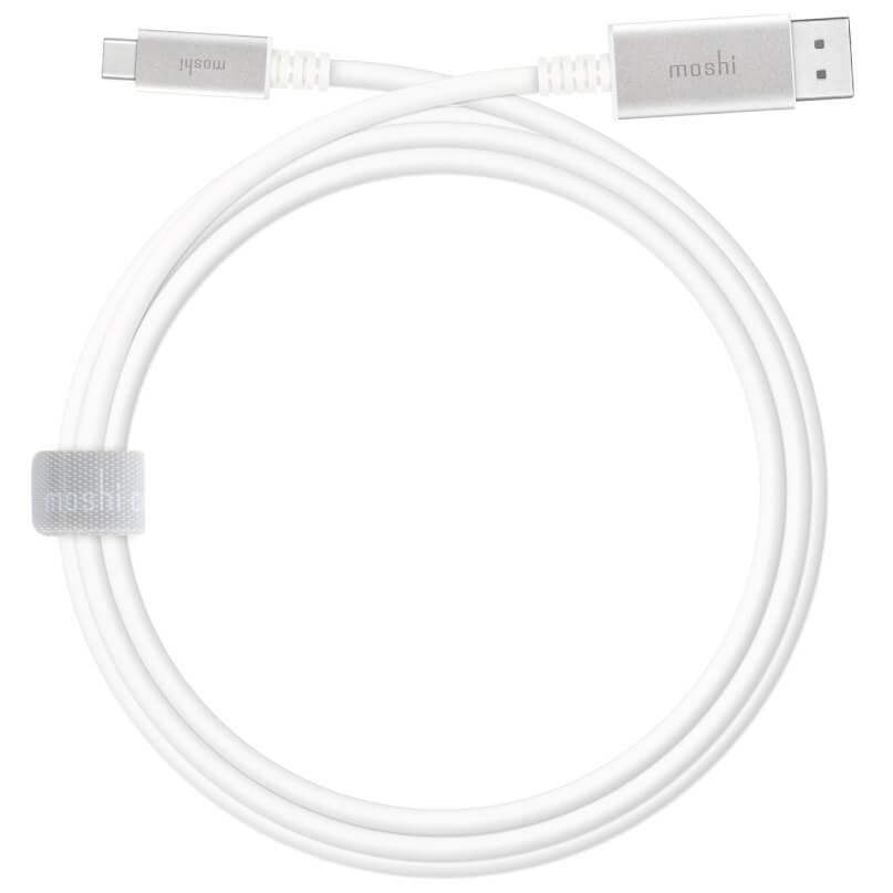 Moshi Usb-C To Displayport 5K Cable Moshi usb-c to usb-a cable, white, with metal connectors and a built-in velcro strap.