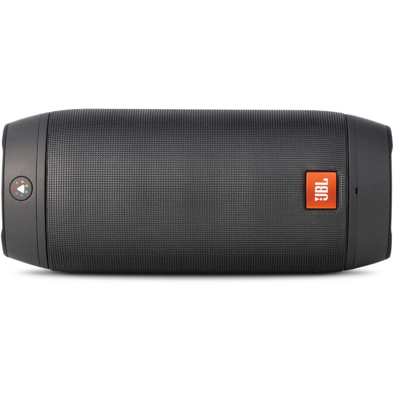 Jbl Pulse 2 Ipod And Iphone Speaker System Jbl portable bluetooth speaker, cylindrical black fabric grille with orange jbl logo on the side.