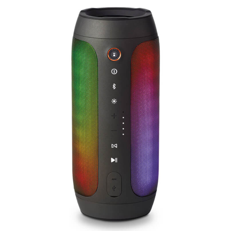 Jbl Pulse 2 Ipod And Iphone Speaker System Cylindrical portable bluetooth speaker with rainbow led panels and a control strip showing power, bluetooth, volume, play/pause, and aux input.