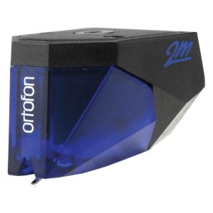 Interdyn Ortofon 2m blue phono cartridge with blue translucent body and black top.