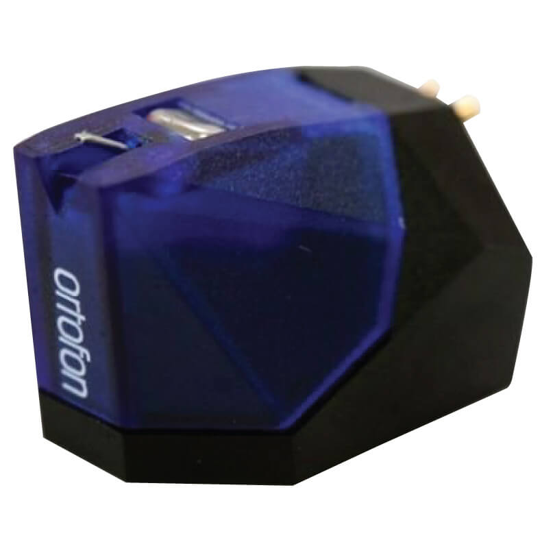Ortofon 2M Blue Moving Magnet Cartridge Ortofon phono cartridge with blue faceted housing, black base, and dual connector pins