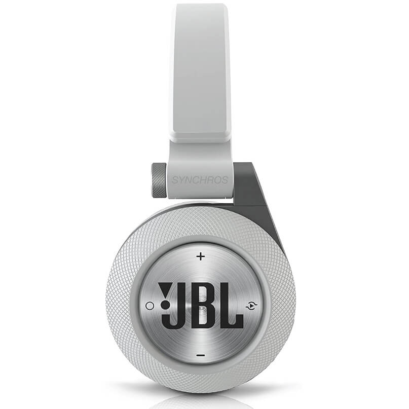 Jbl Synchros E40Bt In-Ear And Earbud Headphones Jbl synchros over-ear headphones with white headband and silver textured circular ear cups bearing the jbl logo.
