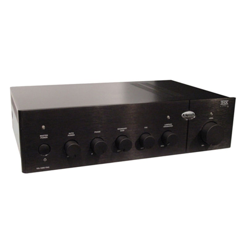Klipsch Ka-1000-Thx Subwoofer Amplifier Black stereo integrated amplifier with multiple knobs and a large right-side volume knob.