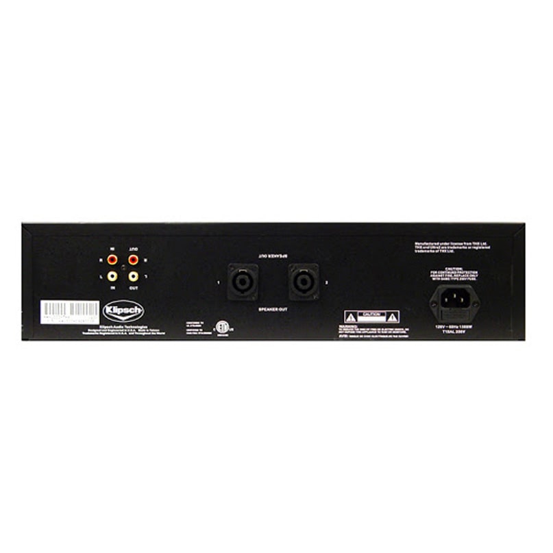 Klipsch Ka-1000-Thx Subwoofer Amplifier Klipsch audio amplifier rear panel featuring line-in rca jacks, two square speaker terminals, and a power inlet.