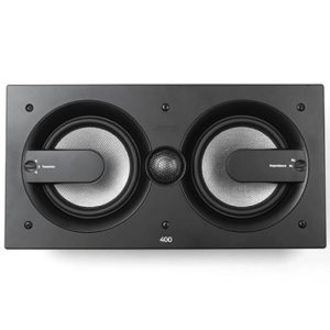 Black rectangular speaker panel with two large silver-cone drivers and a central tweeter.