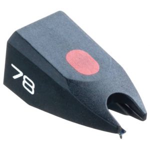 Interdyn Turntable stylus for 78 rpm records, black housing with red circular mark and exposed needle