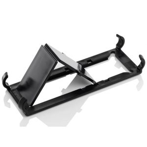 Black adjustable tablet stand with a hinged cradle and curved end hooks.