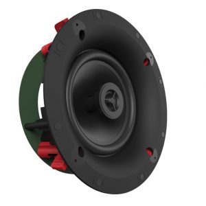 Round black in-ceiling speaker driver with red terminal connectors and green back plate.