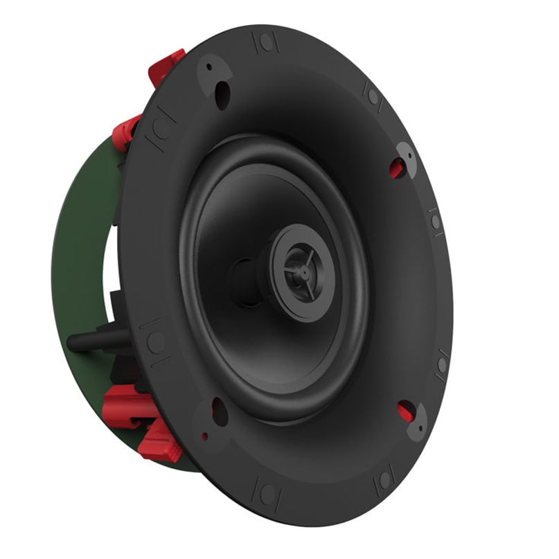 Klipsch Cs-16C Ii In Ceiling Speaker Each Round black in-ceiling speaker driver with red terminal connectors and green back plate.