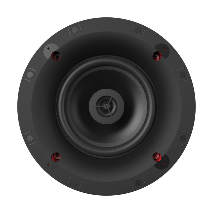 Klipsch Cs-16C Ii In Ceiling Speaker Each Round black speaker driver with central cone, deep mounting flange and four red screws on the outer ring.
