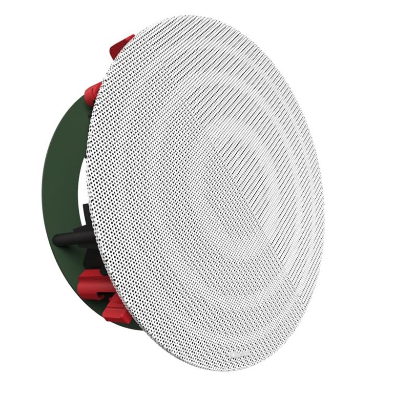 Klipsch Cs-16C Ii In Ceiling Speaker Each Round in-ceiling speaker with perforated white grille and green back housing with red and black terminal connectors.