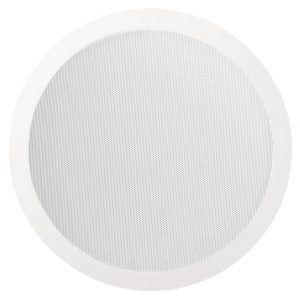 White circular ceiling speaker with perforated grille.