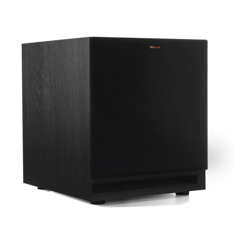 Klipsch Spl-100 Subwoofer Klipsch subwoofer with black fabric front grille and dark wood cabinet.