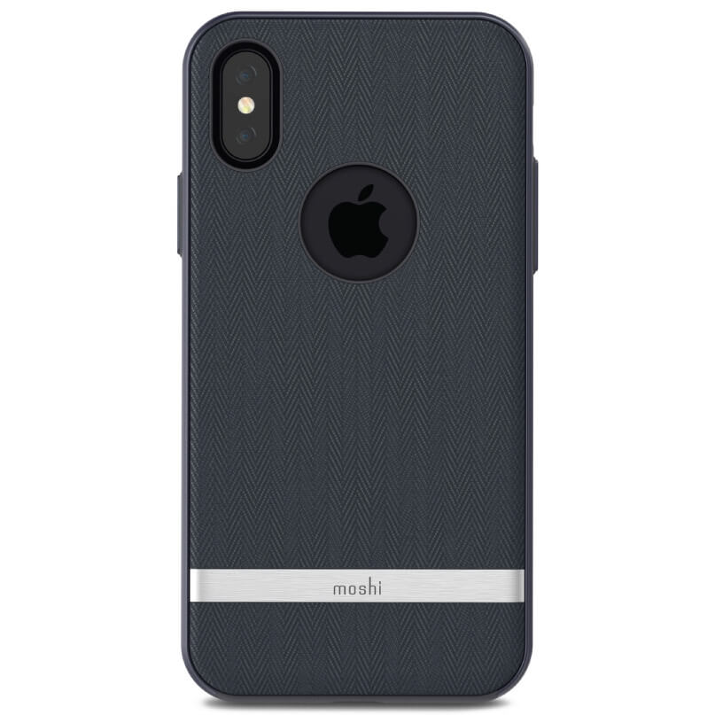 Moshi Vesta For Iphone X/Xs - Blue Moshi phone case for iphone x/xs with dark blue chevron-textured back, circular apple logo cutout, and metal brand strip.