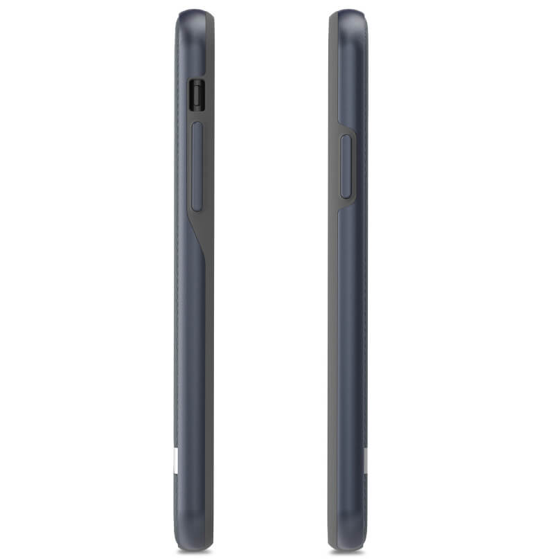 Moshi Vesta For Iphone X/Xs - Blue Side views of a dark blue rugged smartphone in a protective case with power and volume buttons.