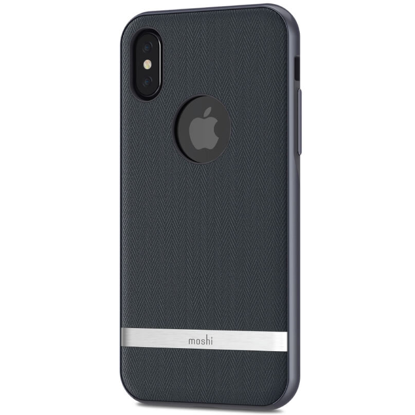 Moshi Vesta For Iphone X/Xs - Blue Moshi iphone case for iphone x/xs, dark herringbone textured back with circular apple logo accent and metal moshi strip