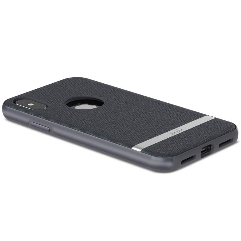 Moshi Vesta For Iphone X/Xs - Blue Mofi textured black iphone case with circular apple logo cutout and silver stripe accent