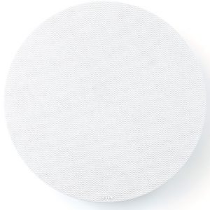 Round white wireless speaker with a perforated grille.