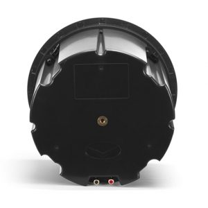 Rear view of a black circular audio device with two RCA inputs and a central mounting point.