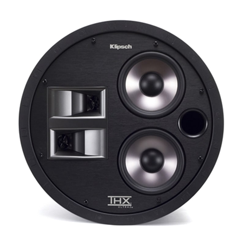 Klipsch Thx-5002-S In-Ceiling Speaker Klipsch thx ultra round ceiling speaker with two large drivers, dual horn tweeter housing, and side port