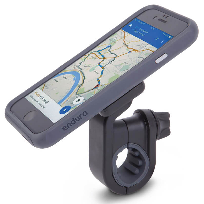 Moshi Endura Biking Kit For Iphone 8/7 Enduro rugged smartphone bike mount with gray protective case and handlebar clamp, displaying navigation map.