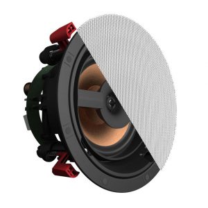Round in-ceiling speaker with copper woofer and perforated metal grille, partially exposed to show internal components.