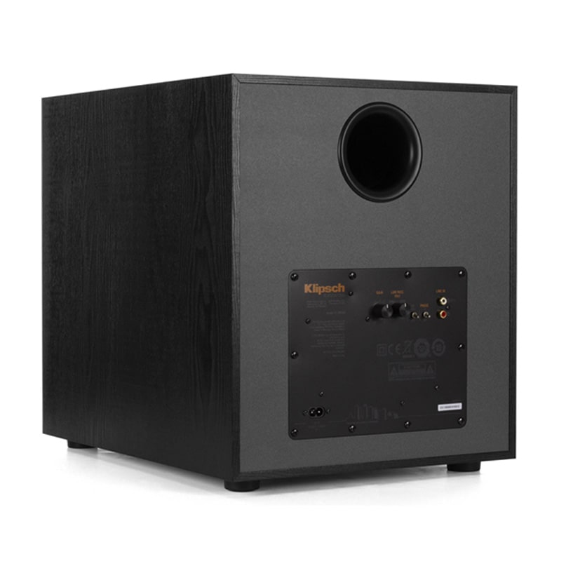 Klipsch R-120Sw Subwoofer Klipsch subwoofer with rear panel controls, black wood cabinet, circular port on back.