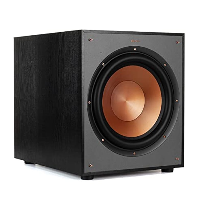 Klipsch R-120Sw Subwoofer Black wooden subwoofer with copper woofer cone in a rectangular enclosure.