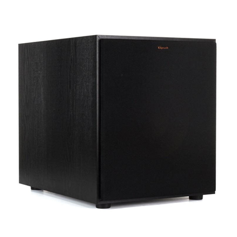 Klipsch R-120Sw Subwoofer Klipsch black subwoofer with wood-grain cabinet and matte front panel.