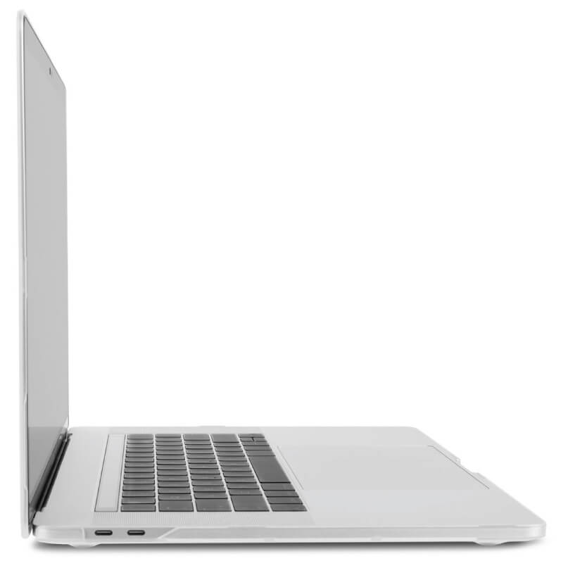 Moshi Iglaze For Macbook Pro 15&Quot; (Thunderbolt 3/Usb-C) Slim silver laptop computer with black keyboard and large trackpad, shown in side view.