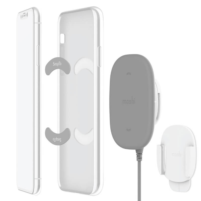 Moshi Snapto Magnetic Wireless Charger W/ Wall Mount Kit (Grey) Moshi snapto magnetic phone case and car mount system with white slim case and gray magnet mount