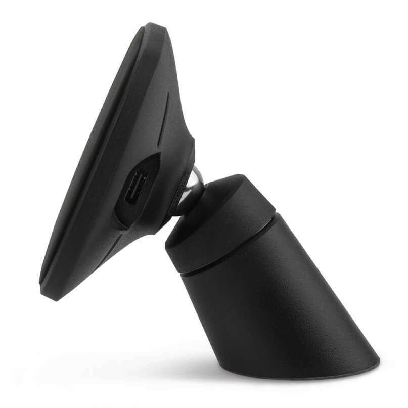 Moshi Snapto Magnetic Car Mount With Wireless Charging Black smartphone mount with adjustable cradle on a ball joint and conical base, usb-c port visible