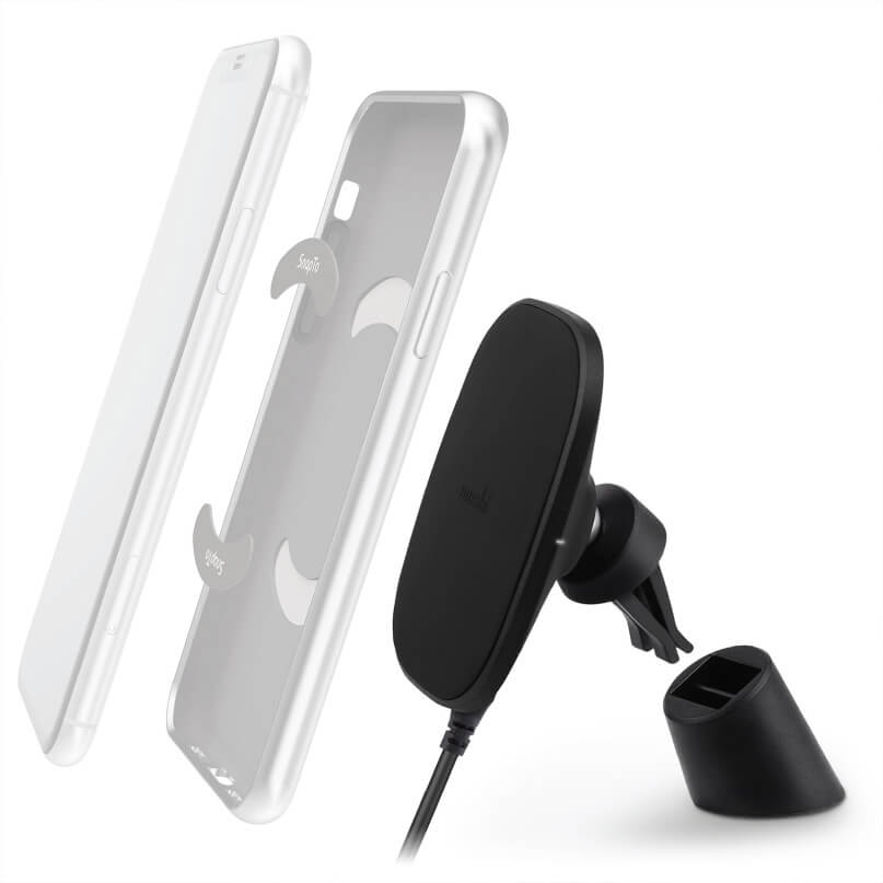 Moshi Snapto Magnetic Car Mount With Wireless Charging Qi wireless car phone charger mount with vent clip and clear phone cases.