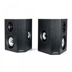 Pair of black woodgrain Jamo bookshelf speakers with multiple round drivers on the front.