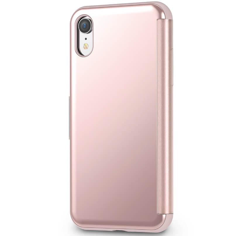 Moshi Stealthcover For Iphone Xr - Grey Rose-gold iphone in a slim protective case with a vertical camera cutout and a hinged side panel.