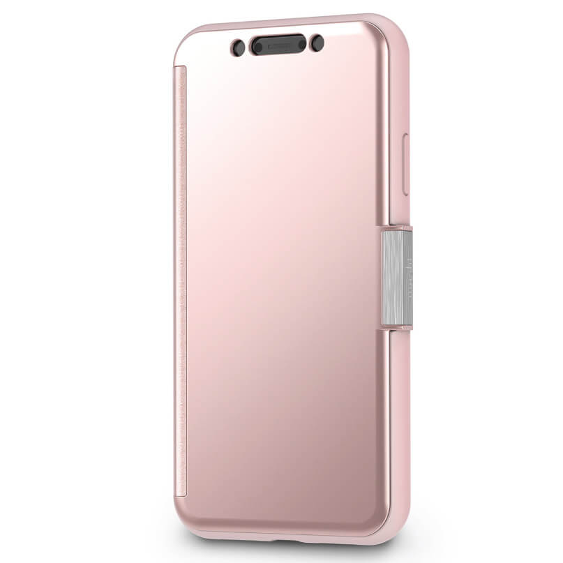Moshi Stealthcover For Iphone Xr - Grey Rose gold flip smartphone case with magnetic clasp and side hinge, viewed from the back.