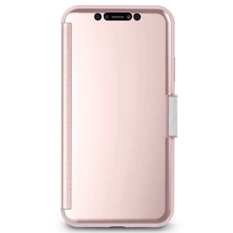 Moshi Stealthcover For Iphone Xr - Grey Rose gold smartphone with a protective case and a metal side clasp, viewed from the back.