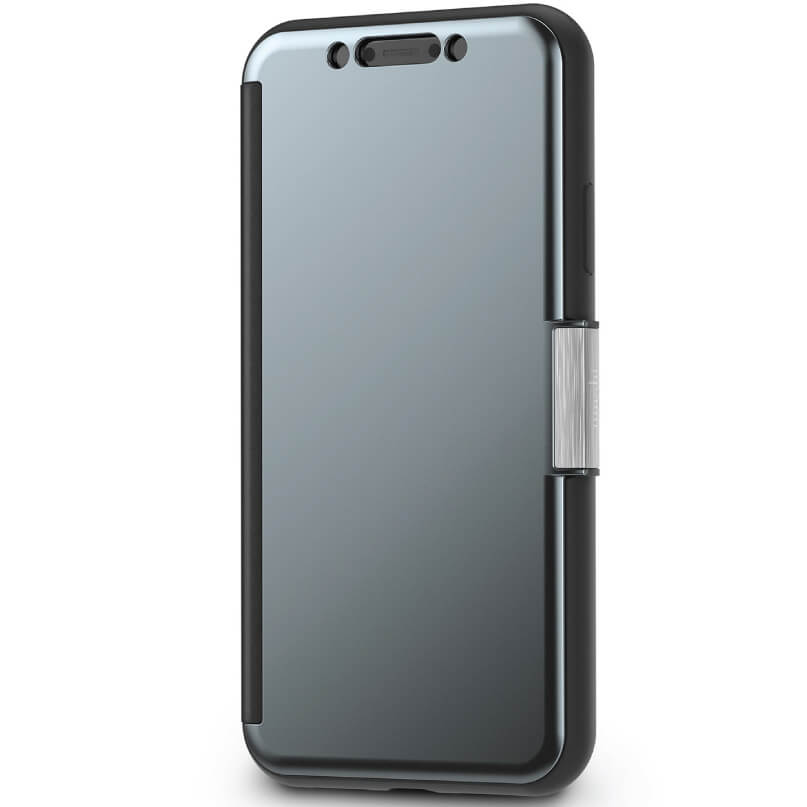 Moshi Stealthcover For Iphone Xr - Grey Smartphone in a two-tone protective case with a vertical brushed-metal clasp on the right edge.