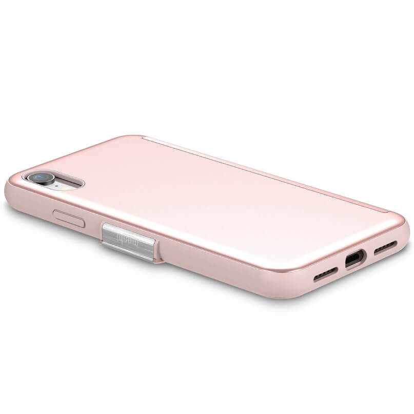 Moshi Stealthcover For Iphone Xr - Grey Pink protective case on a rose-gold smartphone with a built-in silver kickstand and visible rear camera.