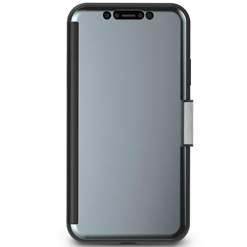 Moshi Stealthcover For Iphone Xr - Grey Back view of a blue-gray smartphone in a black bumper case with a silver side clasp.