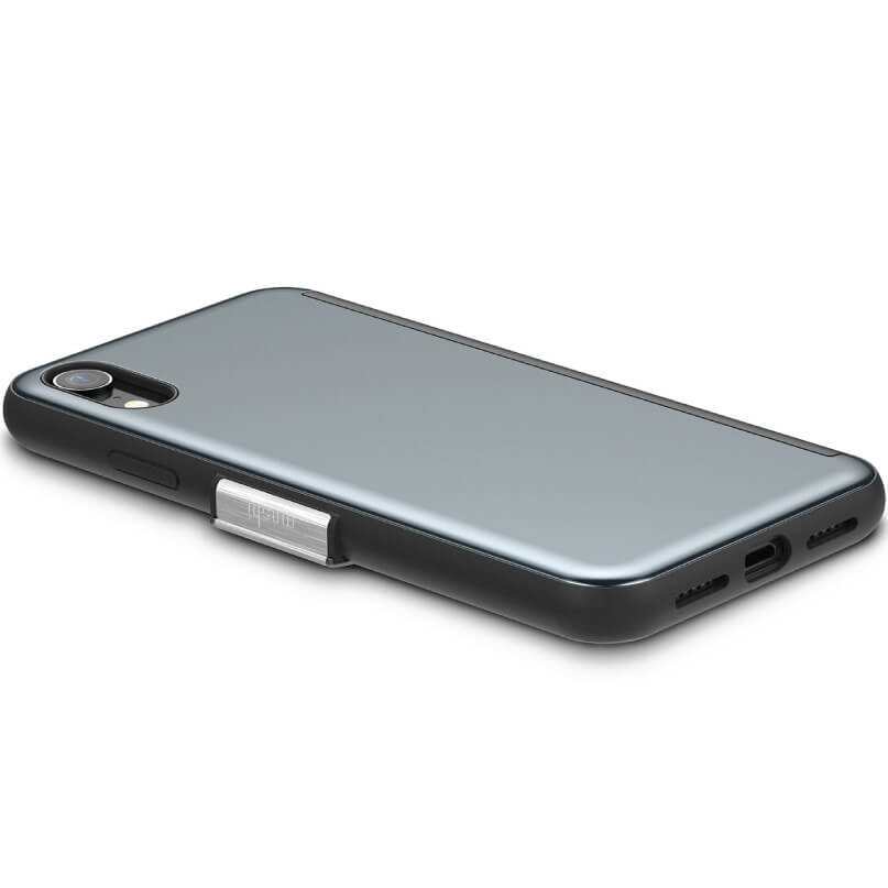 Moshi Stealthcover For Iphone Xr - Grey Apple iphone in blue with a black bumper case and a silver side attachment.