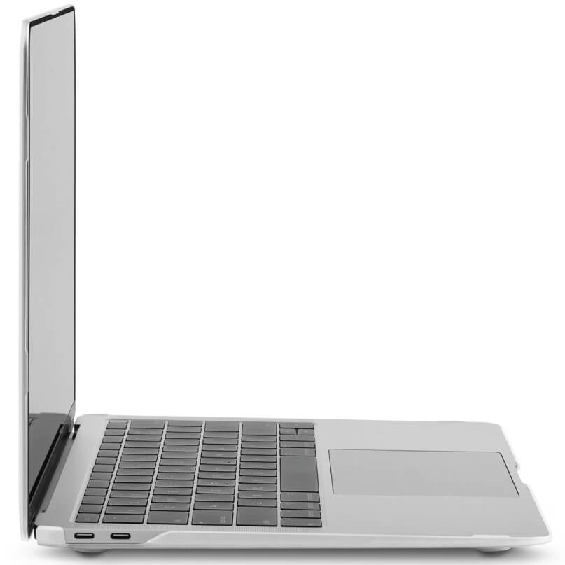 Moshi Iglaze For Macbook Air 13 (Thunderbolt 3/Usb-C) Slim silver laptop with black keyboard and large touchpad, viewed from side with visible ports.
