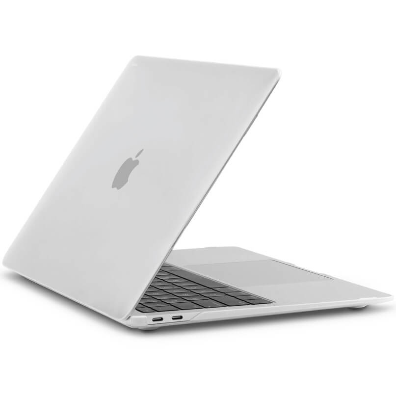 Moshi Iglaze For Macbook Air 13 (Thunderbolt 3/Usb-C) Apple macbook laptop with silver aluminum chassis, black keyboard, and large trackpad, lid partially open.